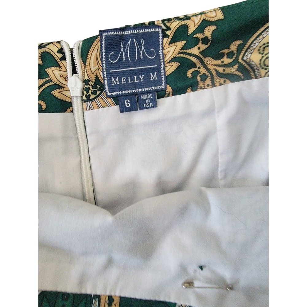 Melly M Green Paisley Mini Skirt Womens Size 6 Gold Button Pockets Made in USA - Picture 5 of 5
